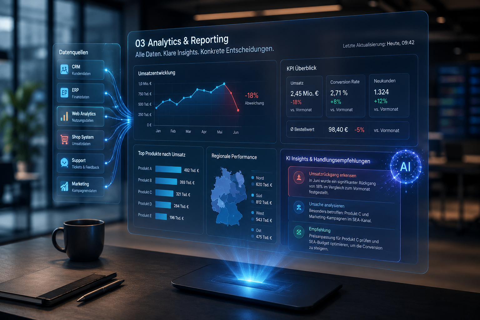Leuchtendes Analytics-Dashboard mit Aufwärtstrend, Balken- und Ringdiagramm
